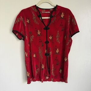 Vintage Dressbarn Red Micro Pleated Floral Frog Closure Top Asian Blouse M/L